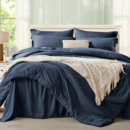 Anluoer Navy Blue Full Comforter Set 7 Pieces, Bed in a Bag with Sheets, All Season Bedding Sets with 1 Comforter, 2 Pillow Shams, 2 Pillowcases, 1 Flat Sheet, 1 Fitted Sheet