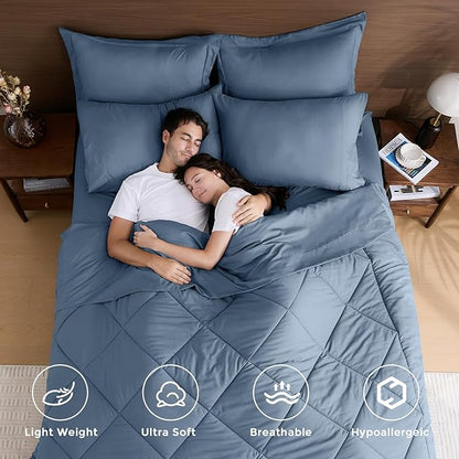 HEVUMYI Dusty Blue Cali-King Comforter Set - 7-Piece All Season Bed in a Bag Cali-King, Ultra Soft Bedding Set with Comforter, Flat Sheet, Fitted Sheet, Pillowcases, Pillow Shams