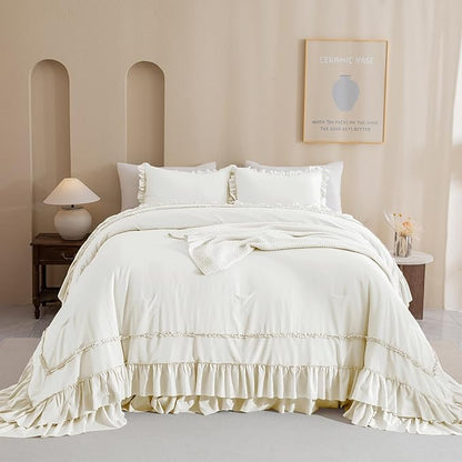 Masaca Oversized King Comforter 120x120,Farmhouse Shabby Boho Chic Ruffle California King Comforter Set French Country Rustic Bedding 3PCS (1 Ivory Ruffled Comforter+2 Pillow Shams)