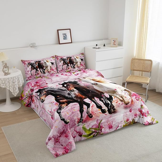 Feelyou Kids Horse Comforter Set Galloping Horse Bedding Set Toddler Size for Boys Girls Teens Bedroom Decor Cherry Blossoms Comforter Pink and White Duvet Set with 1 Pillow Case