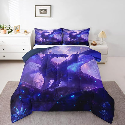 Feelyou Dragon Comforter Set - Toddler Size Jungle Dragon Bedding Set for Boys & Girls - Purple Quilt Set with Wild Animal Duvet Set