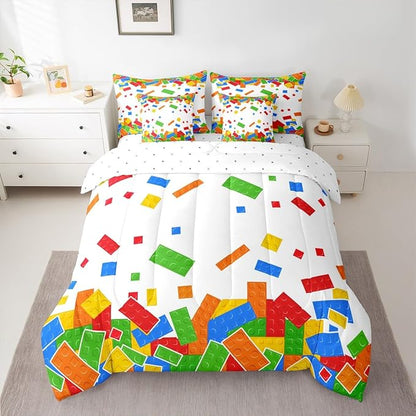 Cartoon Construction Bedding Sets King Size 7 Pcs,Watercolor Building Block Comforter Set for Kids Child Boys Girls Room Decor,Brick Games Fitted Flat Sheet with 2 Throw Pillow Covers 2 Pillowcases
