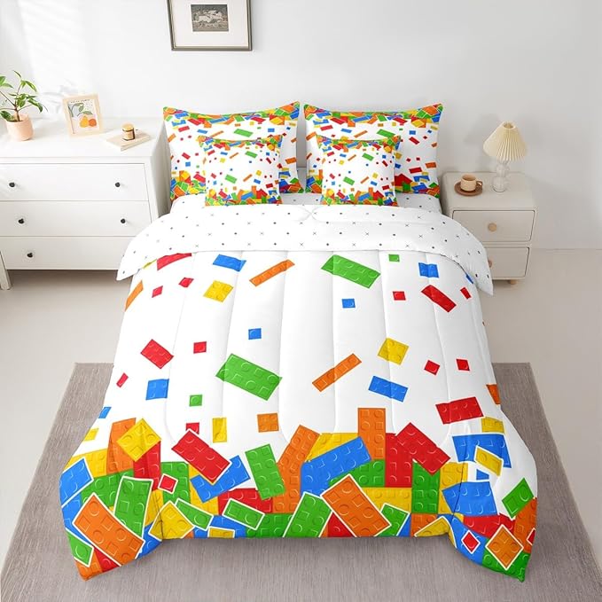 Cartoon Construction Bedding Sets Queen Size 7 Pcs,Watercolor Building Block Comforter Set for Kids Child Boys Girls Room Decor,Brick Games Fitted Flat Sheet with 2 Throw Pillow Covers 2 Pillowcases