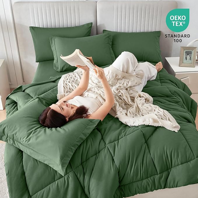 Sasttie King Size Comforter Set, 7 Pieces Bed in a Bag King, Complete Bedding Set Includes Comforter, Flat Sheet, Fitted Sheet, Pillowcases and Pillow Shams, Dark Green
