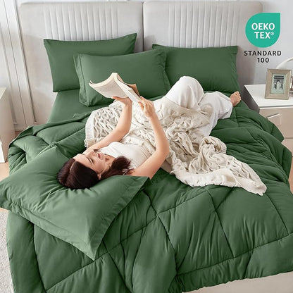 Sasttie King Size Comforter Set, 7 Pieces Bed in a Bag King, Complete Bedding Set Includes Comforter, Flat Sheet, Fitted Sheet, Pillowcases and Pillow Shams, Dark Green