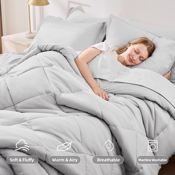 FUANNA 7 Pieces Queen Comforter Set, All Season Bed in a Bag Queen Size, Luxury Soft Bedding Sets with Comforter, Flat Sheet, Fitted Sheet, Pillowcases & Pillow Shams, Light Grey