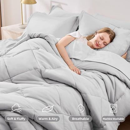 FUANNA 7 Pieces Queen Comforter Set, All Season Bed in a Bag Queen Size, Luxury Soft Bedding Sets with Comforter, Flat Sheet, Fitted Sheet, Pillowcases & Pillow Shams, Light Grey