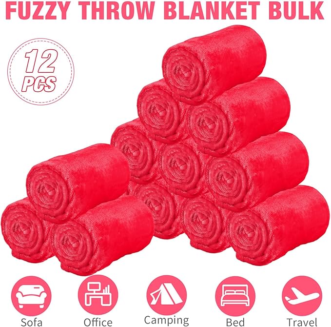 12 Pcs Fleece Blankets for Girls Sleepover Party Soft Fuzzy Throw Blanket 40 x 60 Inch Warm Flannel Blanket for Teenager Bed Travel SPA Movie Party(Rose Red)