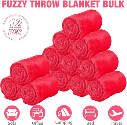 12 Pcs Fleece Blankets for Girls Sleepover Party Soft Fuzzy Throw Blanket 40 x 60 Inch Warm Flannel Blanket for Teenager Bed Travel SPA Movie Party(Rose Red)