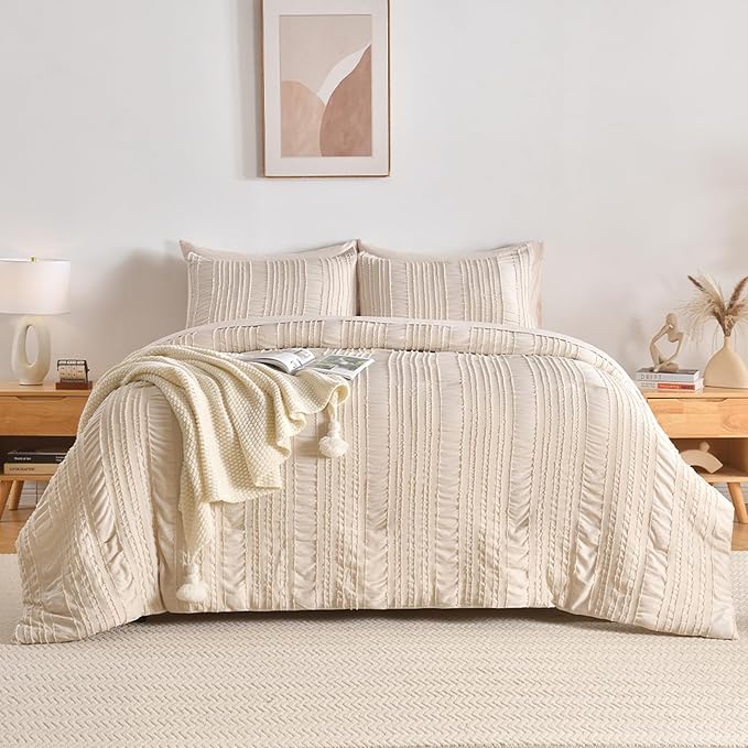 Beige Tufted Comforter Set King Size 7 Piece Bed in a Bag，Shabby Chic Boho Bedding for Bedroom Comforter，All Season Soft Microfiber Ruffle Comforter Set with Pillow and Sheets