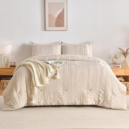 Beige Tufted Comforter Set King Size 7 Piece Bed in a Bag，Shabby Chic Boho Bedding for Bedroom Comforter，All Season Soft Microfiber Ruffle Comforter Set with Pillow and Sheets