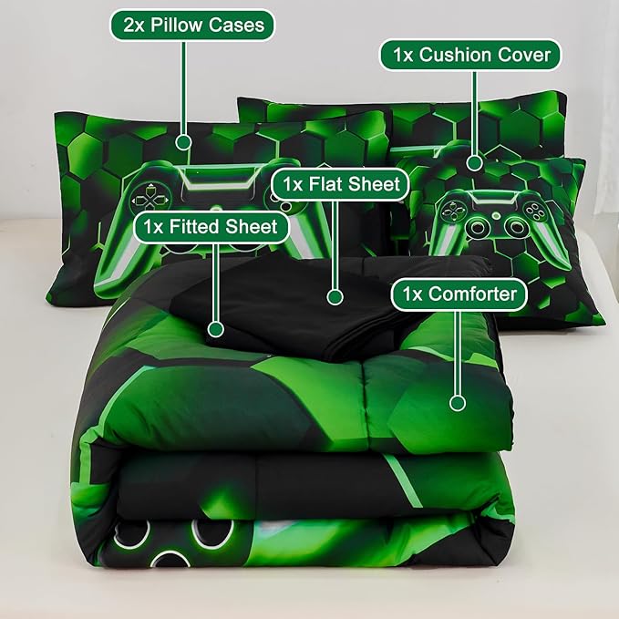 URBONUR Black Green Game Comforter Set Full Size for Boys Cool Tech Style Teen Room Decor 6Pcs Bed-in-a-Bag with Sheet Set Soft Lightweight Kids Bedding for All Seasons