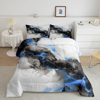 7pcs Black and Navy Blue Marbling Bedding Twin Size Aesthetic Marble Comforter Set, Watercolor Artwork Bedding Comforter Sets Abstract Marbling Bed in a Bag, Mountain Fluid Bedding Accessories
