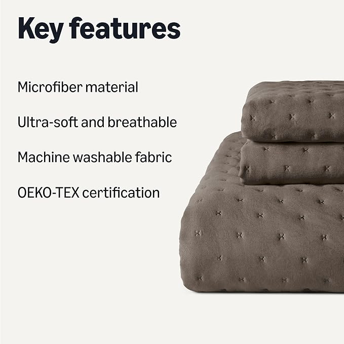 Amazon Basics Brushed Microfiber Quilt Set, Extra Soft with Natural Texture, 3-Piece, Queen/Full, Brown