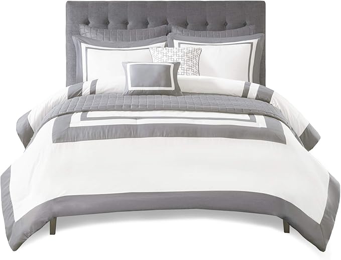 Madison Park Heritage Comforter Quilt Combo Set - Modern Luxury Design, All Season Down Alternative Bedding, Matching Shams, Decorative Pillows, King/Cal King(104"x92"), Color Block Grey 8 Piece
