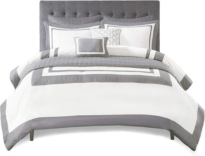Madison Park Heritage Comforter Quilt Combo Set - Modern Luxury Design, All Season Down Alternative Bedding, Matching Shams, Decorative Pillows, King/Cal King(104"x92"), Color Block Grey 8 Piece