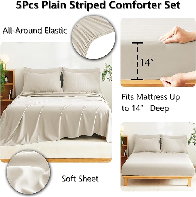 CozyLux Twin XL Comforter Set Beige - 5 Pieces Striped Seersucker Twin Extra Long Bed in a Bag for College Dorm, Soft Lightweight Boho Bedding Set with All Season Comforter, Sheets, Pillowcase & Sham