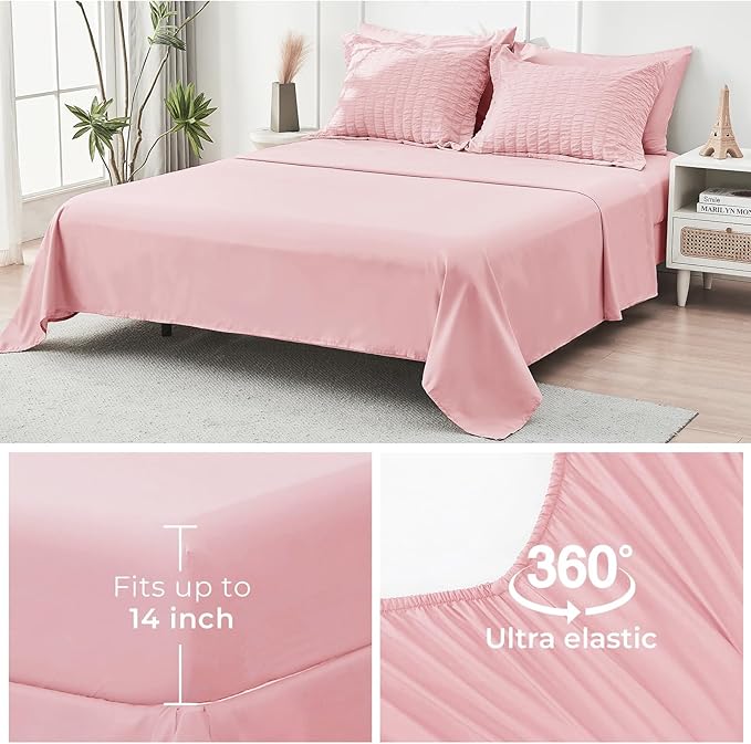 HYMOKEGE Pink Full Size Comforter Sets Seersucker 7 Pieces, All Season Luxury Bed in a Bag for Bedroom, Bedding Set with Comforters, Sheets, Pillowcases & Shams