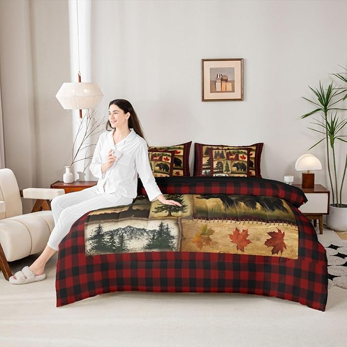 Erosebridal Bear Cabin Plaid 7 Piece Comforter Set Twin,Rustic Farmhouse Bed in a Bag,Retro Hunting Deer Bedding,Country Woodland Pine Tree Quilt Set,Maple Leaf Lodge Fitted Sheet,Red Black Brown