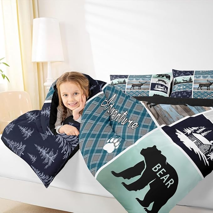 Bear Deer Comforter Set Queen Size, Hunting Wild Animal Bedding Rustic Cabin Lodge Quilt Farmhouse Blue Geometric Plaids Bedding Comforter Sets For Boys Girls Mens Bedroom, Blue Rustic Gifts For Men