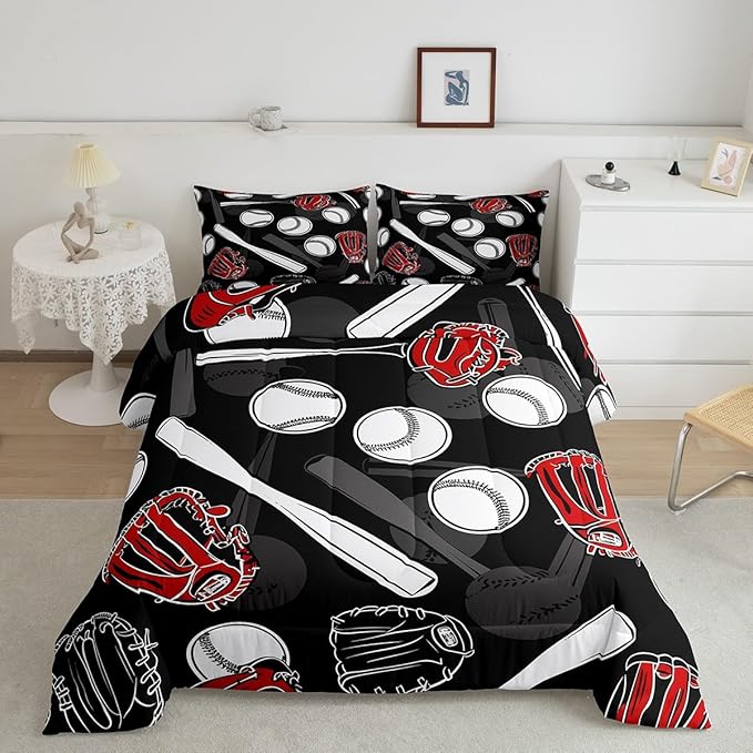 Erosebridal Baseball Comforter Set Queen Cartoon Baseballs Bedding Set 3D Ball Sport Games Bedding Comforter Sets Black White Gray Quilt Soft Bedroom Decor Gift for Teens Boys