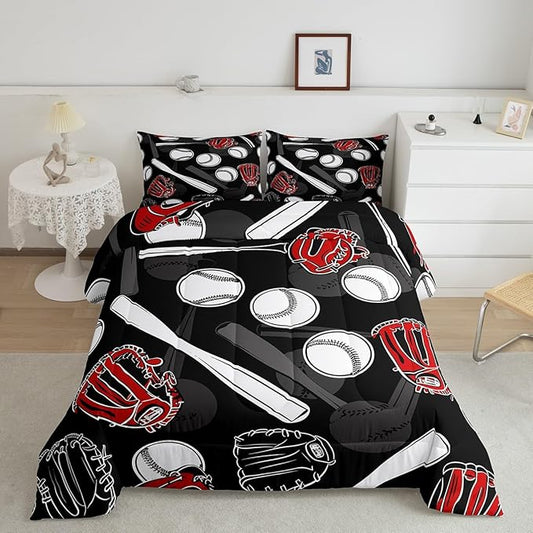 Erosebridal Baseball Comforter Set Queen Cartoon Baseballs Bedding Set 3D Ball Sport Games Bedding Comforter Sets Black White Gray Quilt Soft Bedroom Decor Gift for Teens Boys