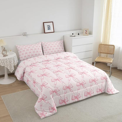 Feelyou Bow Comforter Set Toddler Size Pink Girls Bow Bedding Set Boys Girls Cute Bowknot Comforter for Kids Women Men Kawaii Duvet Set Bow and Stripes Quilt Set 2Pcs