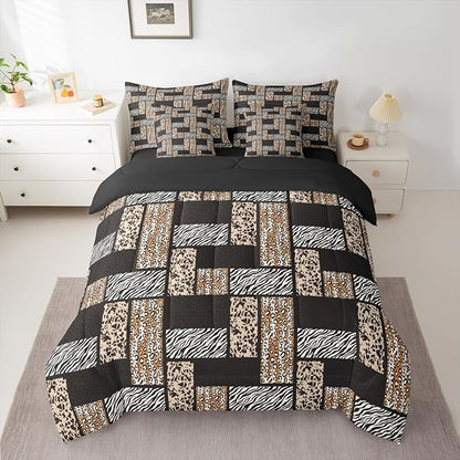 Leopard Print 7 Pcs Comforter Set Full,Wildlife Zebra Cow Skin Bedding Set with Comforter,Pillowcases,Pillow Covers,Flat Sheet,Fitted Sheet,Animals Fur Splice Patchwork Bedding for Room Decor