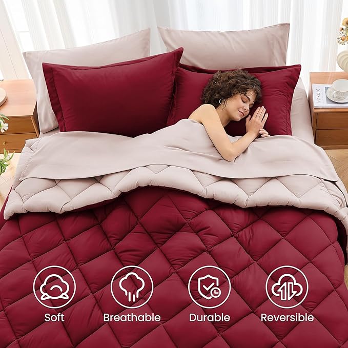 MUXHOMO 5 Pieces Twin Comforter Set, Reversible Bed in a Bag Twin Size, All Season Bedding Set with Comforter, Flat Sheet, Fitted Sheet, Pillowcases & Shams, Burgundy & Rose Gold