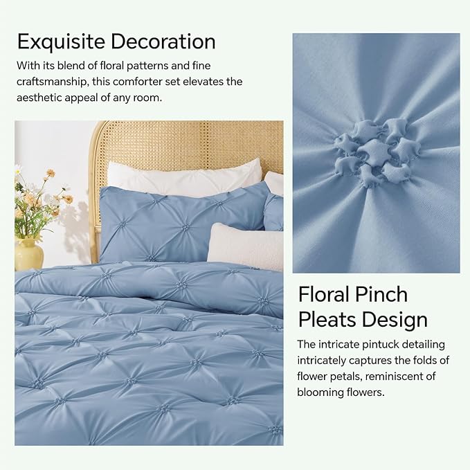 BEDELITE Cornflower Blue Twin Comforter Set - 2 Peices Boho Pintuck Bedding Comforter Sets, Lightweight Soft & Warm Twin Bedding Sets with 1 Pillowcase for All Season