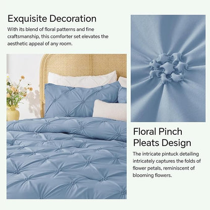 BEDELITE Cornflower Blue King Size Comforter Set - 3 Pieces Boho Pintuck Bedding Comforter Sets, Lightweight Soft & Warm King Bedding Set with 2 Pillowcases for All Season