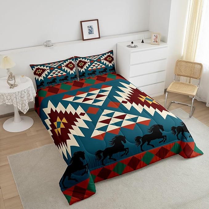 Erosebridal Southwestern Bedding Set Twin Horse Quilt,Farm Animals Comforter Western Duvet Inserts,Geometric Country Decor Room for Bedroom Gifts Girls