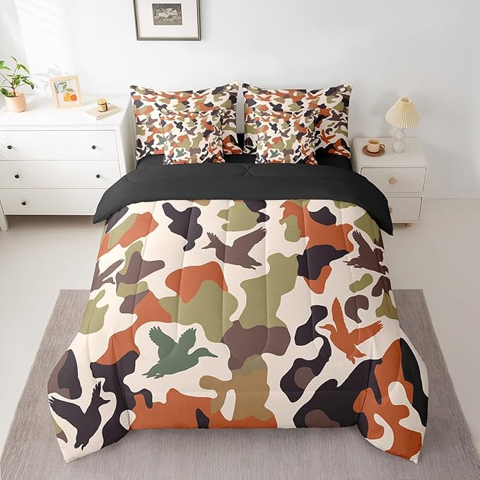 Erosebridal Camouflage 7 Pcs Comforter Set Full Size Camo Bedding for Kids Hunting Farmhouse Camping Bed in A Bag Sheet Set Vintage Green Army Room Decor Wild Duck Rustic Animal Bed Set