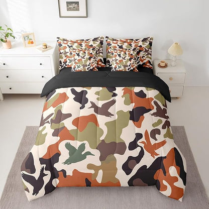 Erosebridal Camouflage 7 Pcs Comforter Set Twin Size Camo Bedding for Kids Hunting Farmhouse Camping Bed in A Bag Sheet Set Vintage Green Army Room Decor Wild Duck Rustic Animal Bed Set