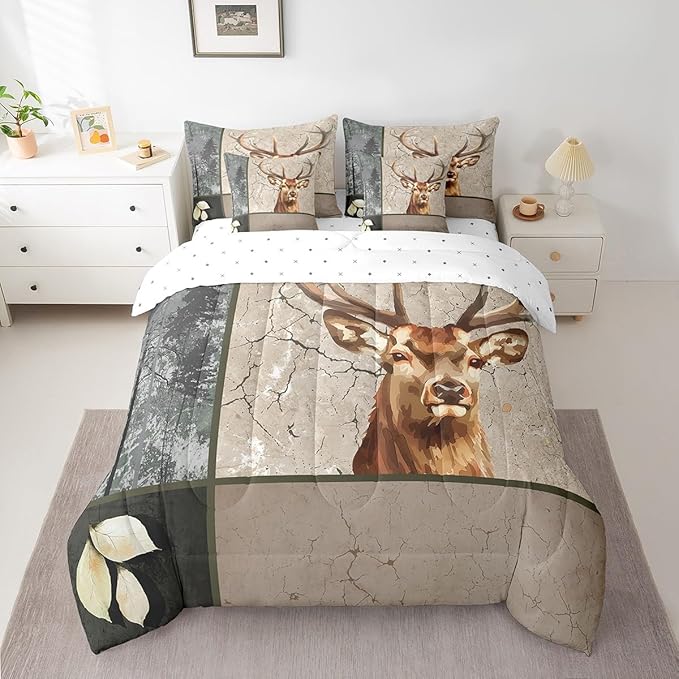 Elk Deer 7 Piece Comforter Set Full Bed in a Bag,Woodland Animals Bedding Sets Wild Animals Sheet Set with Comforter