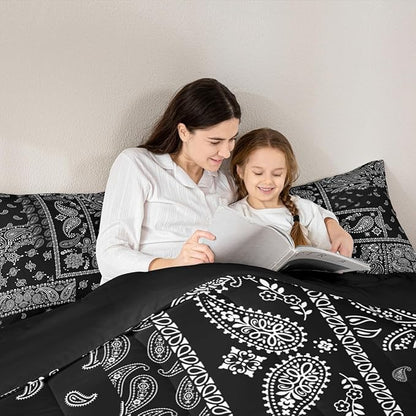 Manfei Paisley Comforter Set Queen Size, Boho Style Jacquard Paisley Flower Bedding Set 3pcs, Black and White Floral Print Down Comforter, Kids Teens Women Room Decor, 2 Pillowcases, No Sheets