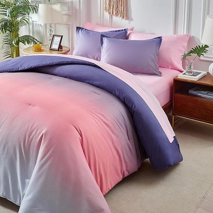 Grey Pink and Purple Gradient Comforter Set Twin Size 6 Pieces Elegant Ombre Bed in a Bag - Reversible All Season Bedding Set with Comforter, Flat Sheet, Fitted Sheet, Pillowcase & 2 Pillow Shams