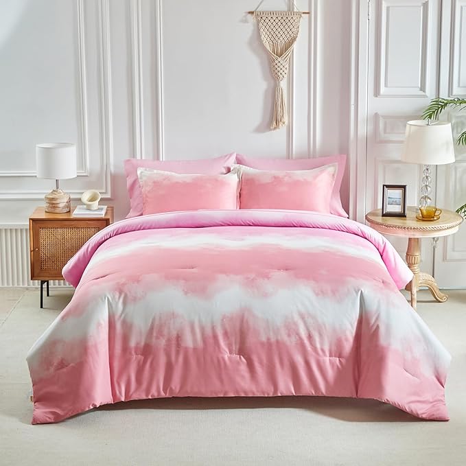 Blush Pink and White Gradient Comforter Set King Size 7 Pieces Elegant Ombre Bed in a Bag - Reversible All Season Bedding Set with Comforter, Flat Sheet, Fitted Sheet, 2 Pillowcases & 2 Pillow Shams