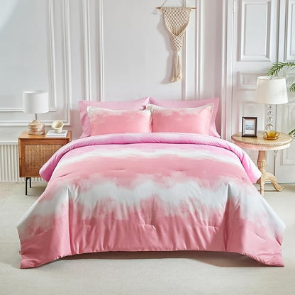 Blush Pink and White Gradient Comforter Set Twin Size 6 Pieces Elegant Ombre Bed in a Bag - Reversible All Season Bedding Set with Comforter, Flat Sheet, Fitted Sheet, Pillowcase & 2 Pillow Shams