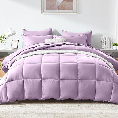 COZYART Queen Comforter Set 7 Pcs, Lavender Bed in a Bag, All Season Lightweight Soft Reversible Bedding Set, 1 Comforter, 1 Flat Sheet, 1 Fitted Sheet, 2 Pillow Shams, 2 Pillowcases