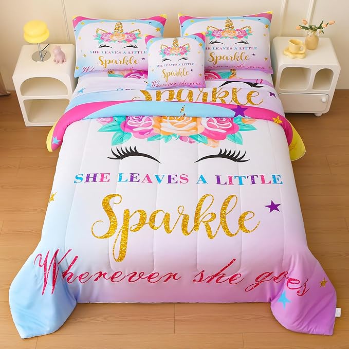 6 Pieces Unicorn Comforter Sets,3D Pink Blue Unicorn Flower Pattern,Decorative 6 Piece Bedding Sets with Comforter,Flat Sheet,Fitted Sheet,Throw Pillow Cover,Pillow Shams,Twin Size