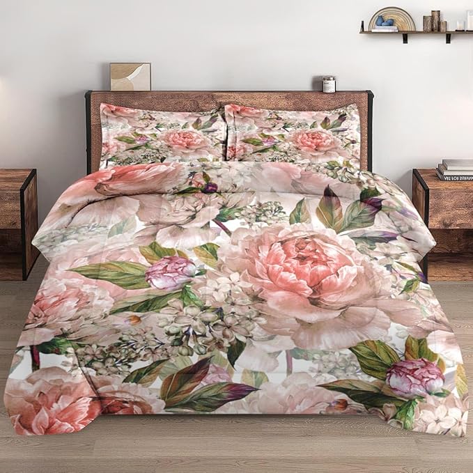 Comforter Set King Size, Floral Rose Lilac 3 Pcs Soft Bedding Set for Kids and Adults, Green Leaves Botanical Comforter Set with 2 Pillowcases, for Bedroom Bed Decor