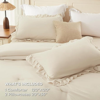 Andency Super King Ruffle Comforter Set, 3 Pieces Farmhouse Shabby Chic Bedding Set, Lightweight Soft Oversized King Comforter Set 120x120 for Girls Women (1 Comforter 2 Pillowcases), Beige
