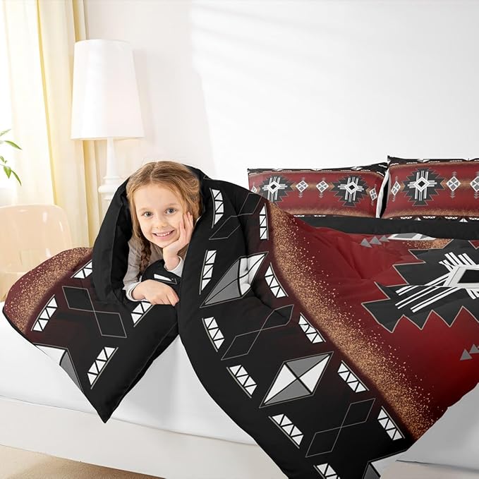 Erosebridal Rustic Western Full Bedding Set, Southwestern Aztec Comforter Set for Boys Teens Men Bedroom, Exotic American Native Quilt Vintage Bohemian Geometric Bedding Comforter Sets, Red Black