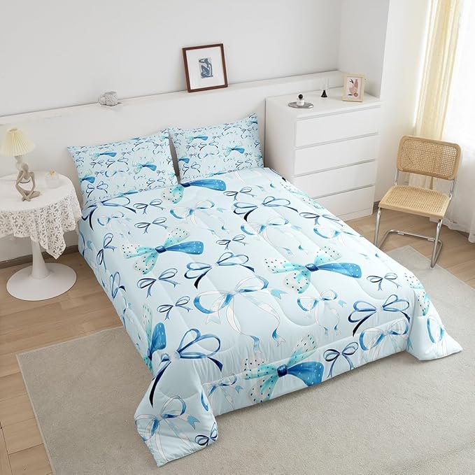 Feelyou Bow Bedding Set Boys Girls Full Size Cute Bowknot Comforter Set for Kids Women Men Ultra Soft Blue Girls Bow Comforter Kawaii Bow Duvet Set Room Decor Lovely Decor Quilt Set