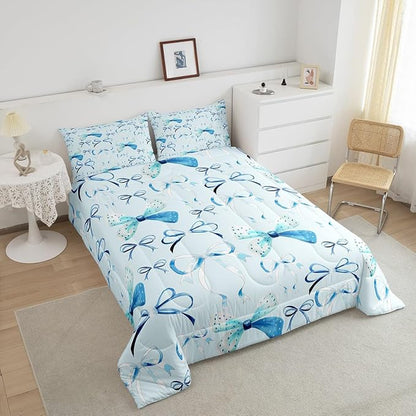 Feelyou Bow Bedding Set Boys Girls Full Size Cute Bowknot Comforter Set for Kids Women Men Ultra Soft Blue Girls Bow Comforter Kawaii Bow Duvet Set Room Decor Lovely Decor Quilt Set