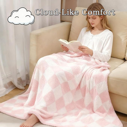 MorroMorn Checkered Blanket for Couch Bed, Baby Pink Throw Blanket 2-Layers Soft Cozy Fleece Plaid Blankets Checkerboard Grid - Fluffy Fuzzy Warm Cute Home Decor Women Girls Gifts, 60x80 inches