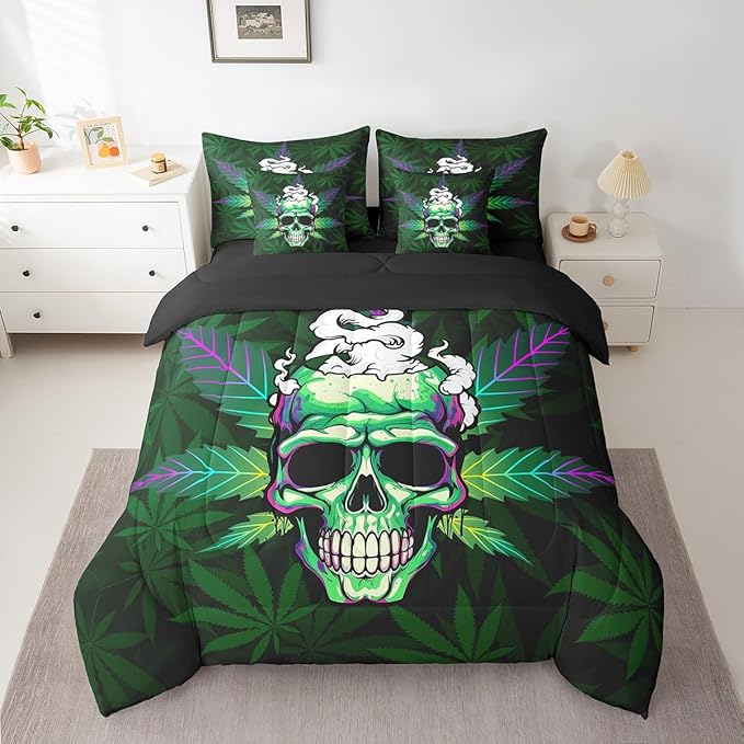 Erosebridal Leaves 7 Pcs Comforter Set Green,Sugar Skull Bed in a Bag with Flat Sheet and Fitted Sheet,Leaves Bedding Set with Pillowcase & Sham,Halloween Top Sheet,Full