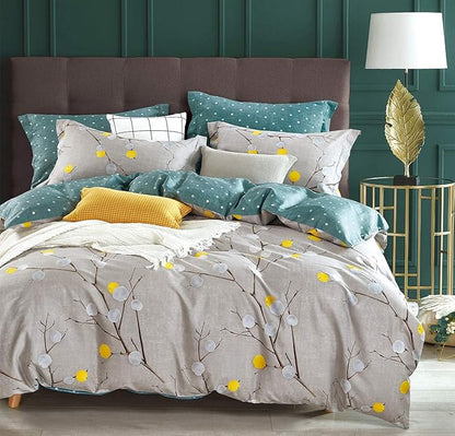 SLEEPBELLA Comforter Queen Size, 600 Thread Count Cotton Grey Branch with Yellow Turquoise Polka Dot Pattern Green Reversible Comforter Set,Down Alternative Bedding Set 3Pcs (Queen, Grey Branch)