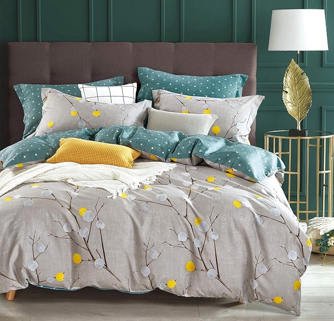 SLEEPBELLA Comforter Twin Size, 600 Thread Count Cotton Grey Branch with Yellow Turquoise Polka Dot Pattern Green Reversible Comforter Set,Down Alternative Bedding Set 2Pcs (Twin, Grey Branch)